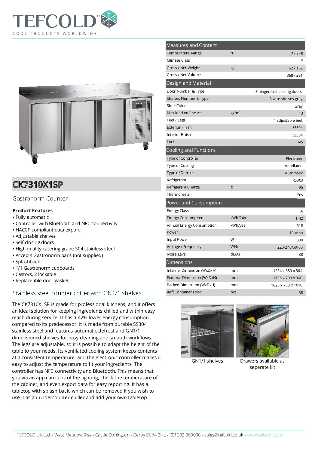 Tefcold CK7310X1SP 3 Door Gastronorm Counter Fridge 368L Tefcold CK7310X1SP 3 Door Gastronorm Counter Fridge 368L - Image 6
