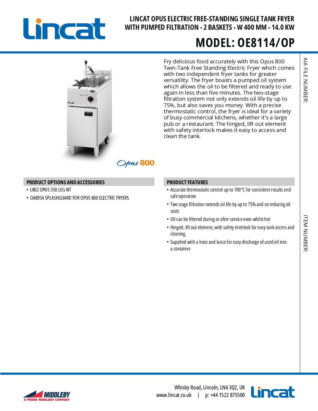 LINCAT OE8114/OP Opus 800 Single Tank Electric Fryer with Pump, 2 Baskets, 400mm wide LINCAT OE8114/OP Opus 800 Single Tank Electric Fryer with Pump, 2 Baskets, 400mm wide - Image 3