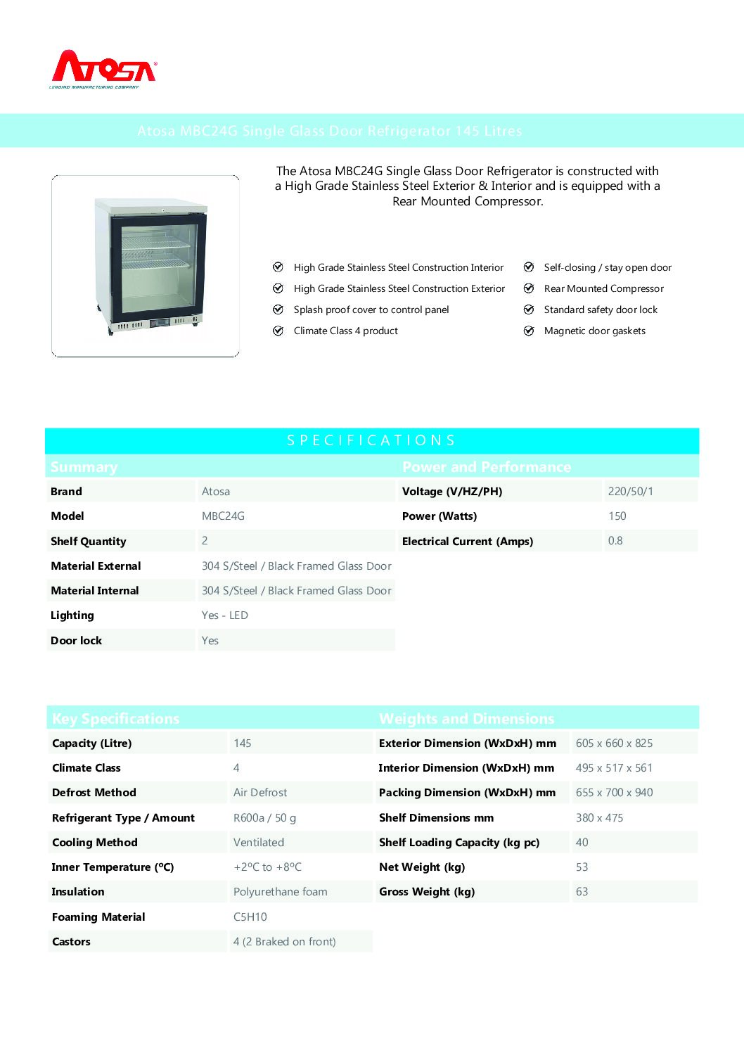 ATOSA MBC24G Single Glass Door Undercounter Fridge 145L ATOSA MBC24G Single Glass Door Undercounter Fridge 145L - Image 5