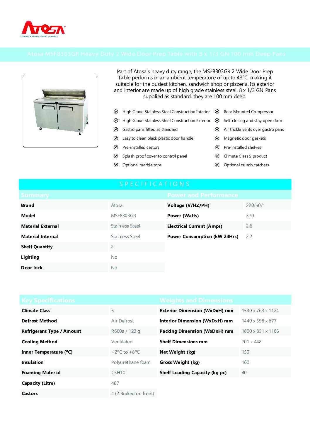 Atosa MSF8303GR Double Wide Door Refrigerated Prep Table with GN Pans 487L Atosa MSF8303GR Double Wide Door Refrigerated Prep Table with GN Pans 487L - Image 3