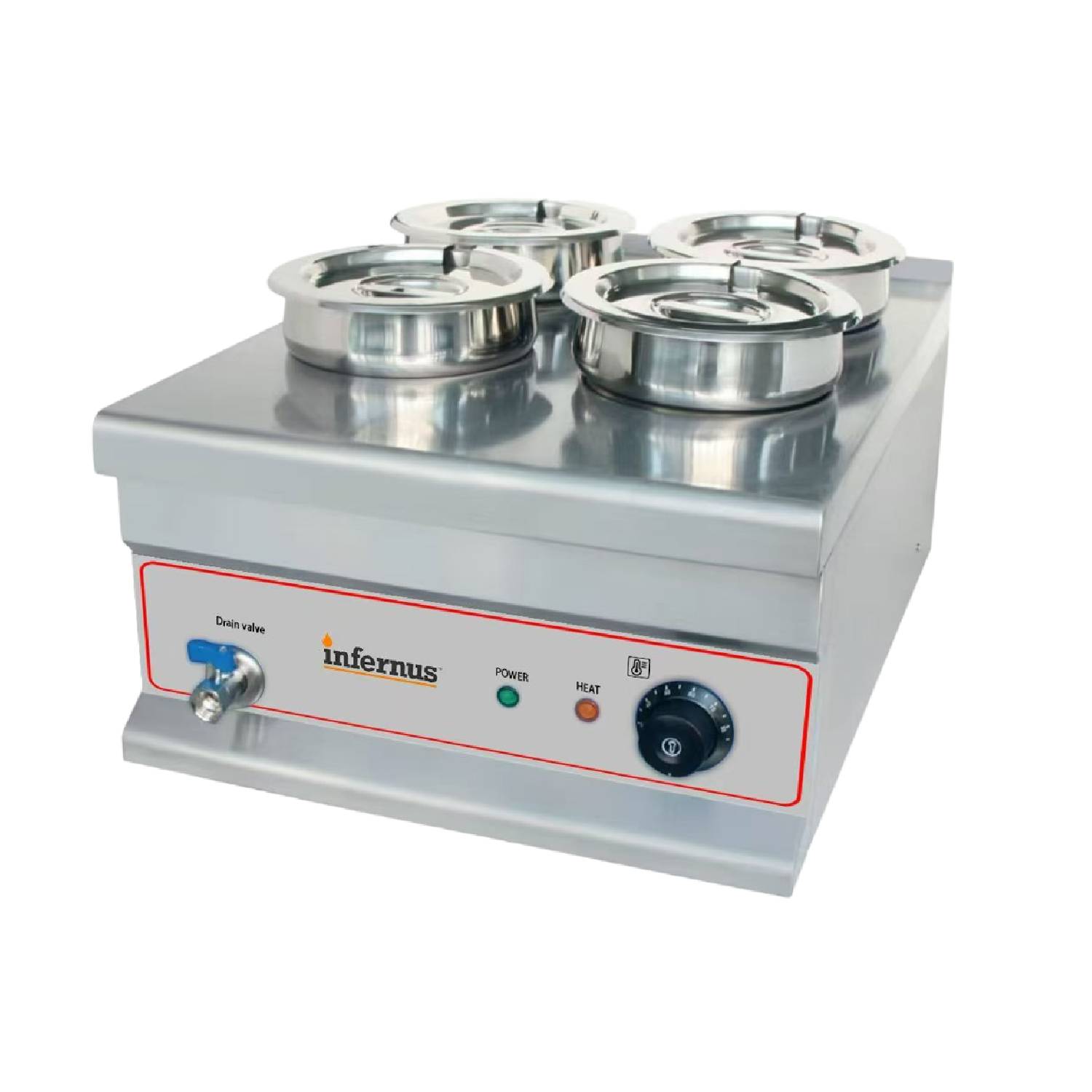 INFERNUS 4 Pot Wet Bain Marie 4 x 7L ELECTRIC – INF-BMP47E INFERNUS 4 Pot Wet Bain Marie 4 x 7L ELECTRIC - INF-BMP47E