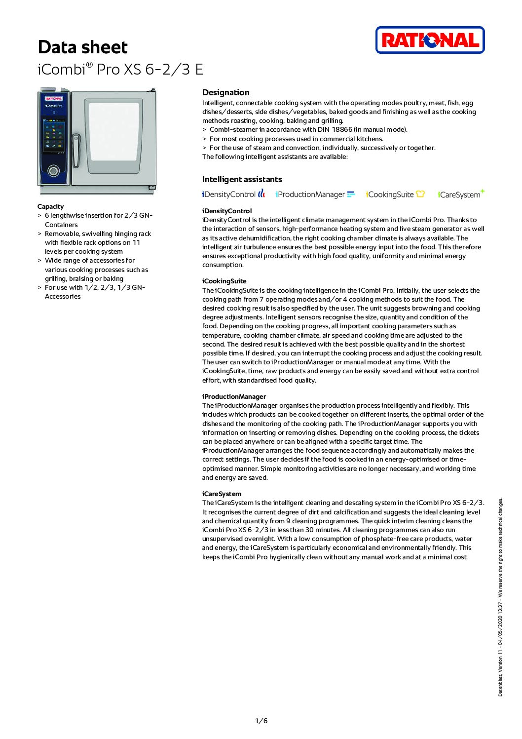 Rational iCombi Pro XS 6-2/3 Electric Combination Oven 6 Grid, 2/3 GN Rational iCombi Pro XS 6-2/3 Electric Combination Oven 6 Grid, 2/3 GN - Image 2
