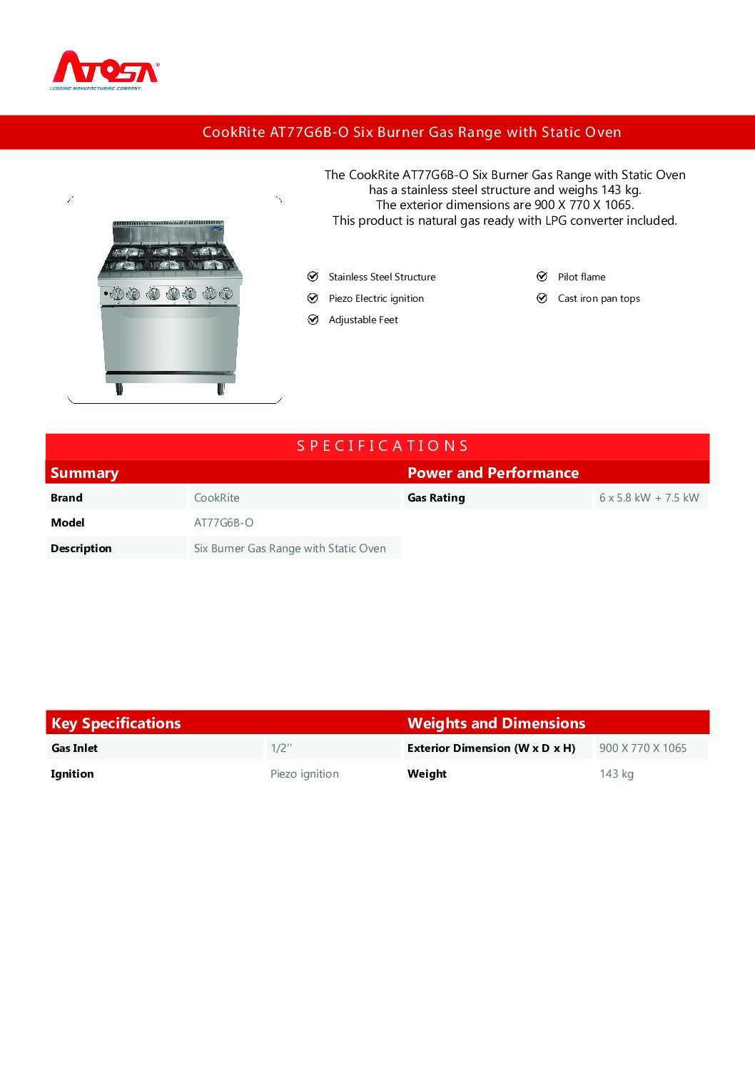 Atosa CookRite AT77G6B-O Six Burner Gas Range with Static Oven Atosa CookRite AT77G6B-O Six Burner Gas Range with Static Oven - Image 3