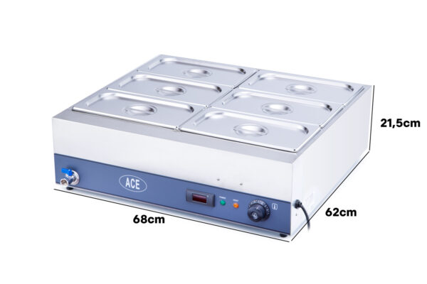 ACE 6 Pot Wet Bain Marie - Digital Temp Display & Drain Tap - Electric