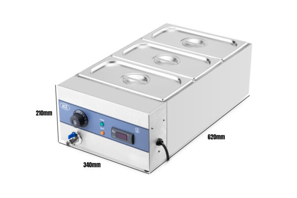 ACE 3 Pot Wet Bain Marie - Digital Temp Display & Drain Tap - Electric