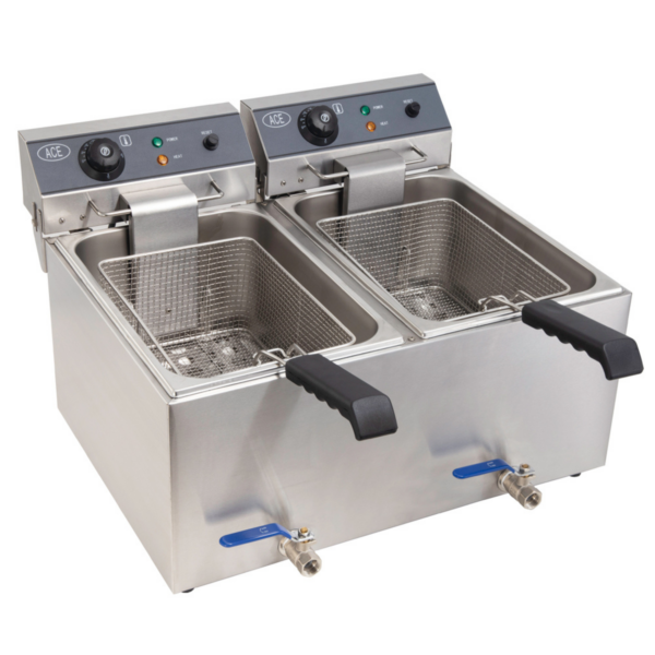 ACE 17L Double Electric Twin Tank Fryer with Drain Tap, 13amp