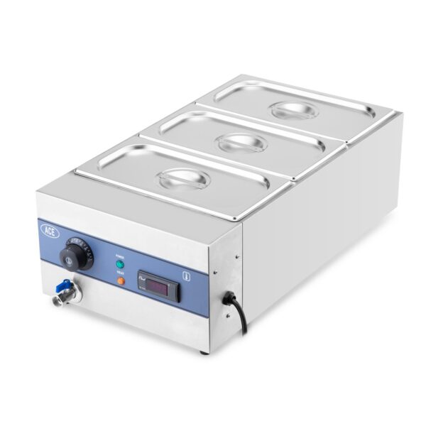 ACE 3 Pot Wet Bain Marie - Digital Temp Display & Drain Tap - Electric