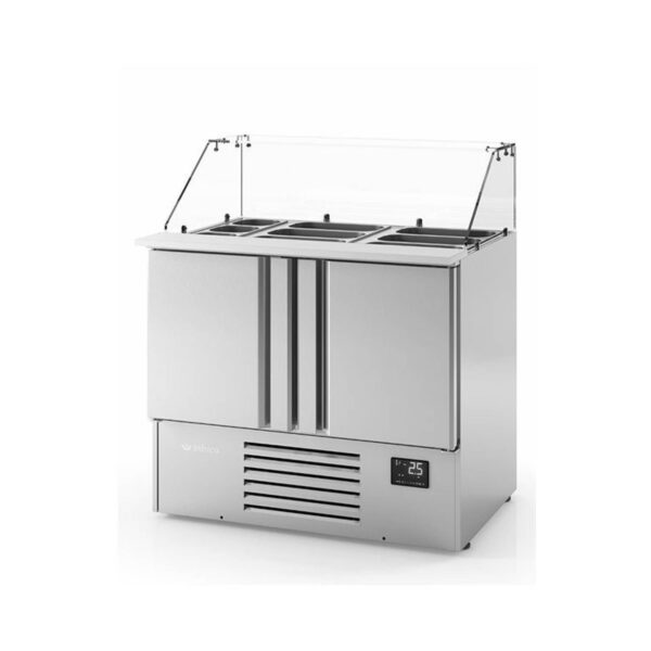 Infrico ME1000KB 2 Door Stainless Steel Refrigerated Pizza/Saladette Prep Counter With Glass Display, 230L