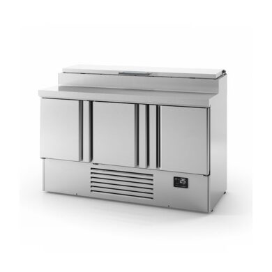 Infrico ME1003EN 3 Door Stainless Steel Refrigerated Pizza / Saladette Prep Counter With Raised Collar, 355L