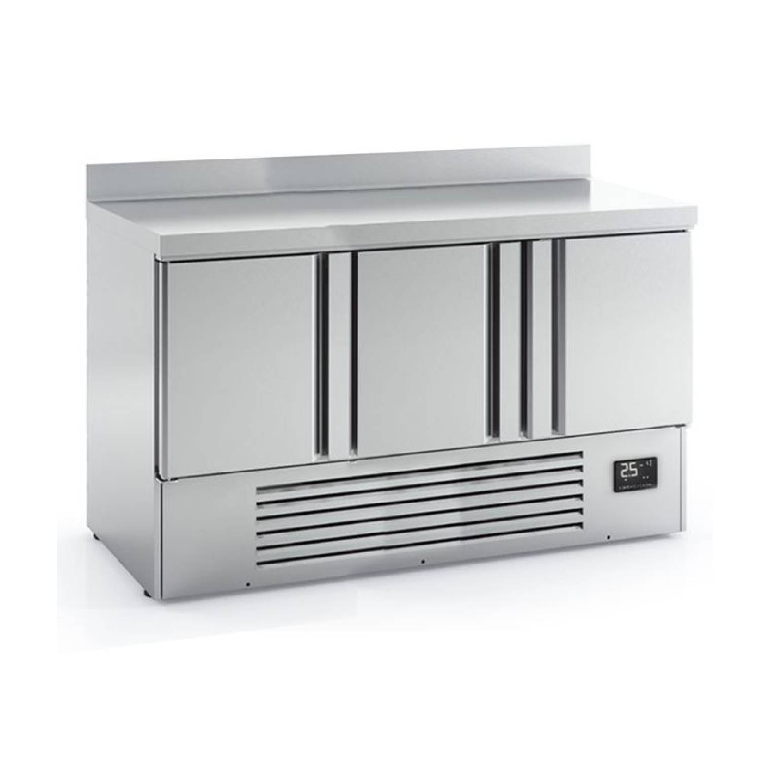 Infrico ME1003II Heavy Duty 3 Door Stainless Steel Refrigerated Prep Counter With Upstand, 355L