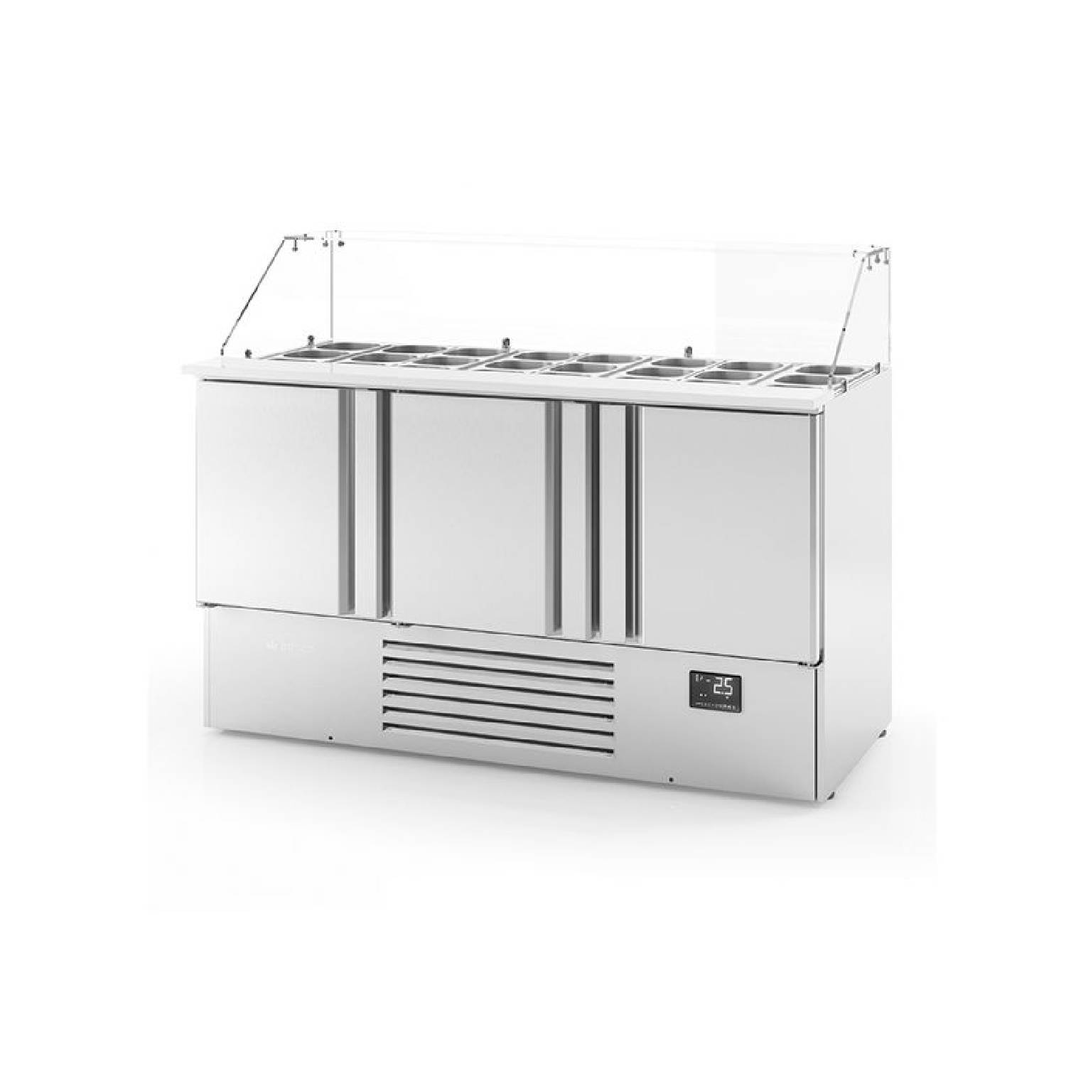 Infrico ME1003KB 3 Door Stainless Steel Refrigerated Pizza/Saladette Prep Counter With Glass Display, 335L Infrico ME1003KB 3 Door Stainless Steel Refrigerated Pizza/Saladette Prep Counter