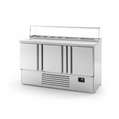 Infrico ME1003PIZZA 3 Door Stainless Steel Refrigerated PizzaSaladette Prep Counter With Granite Worktop, 355L