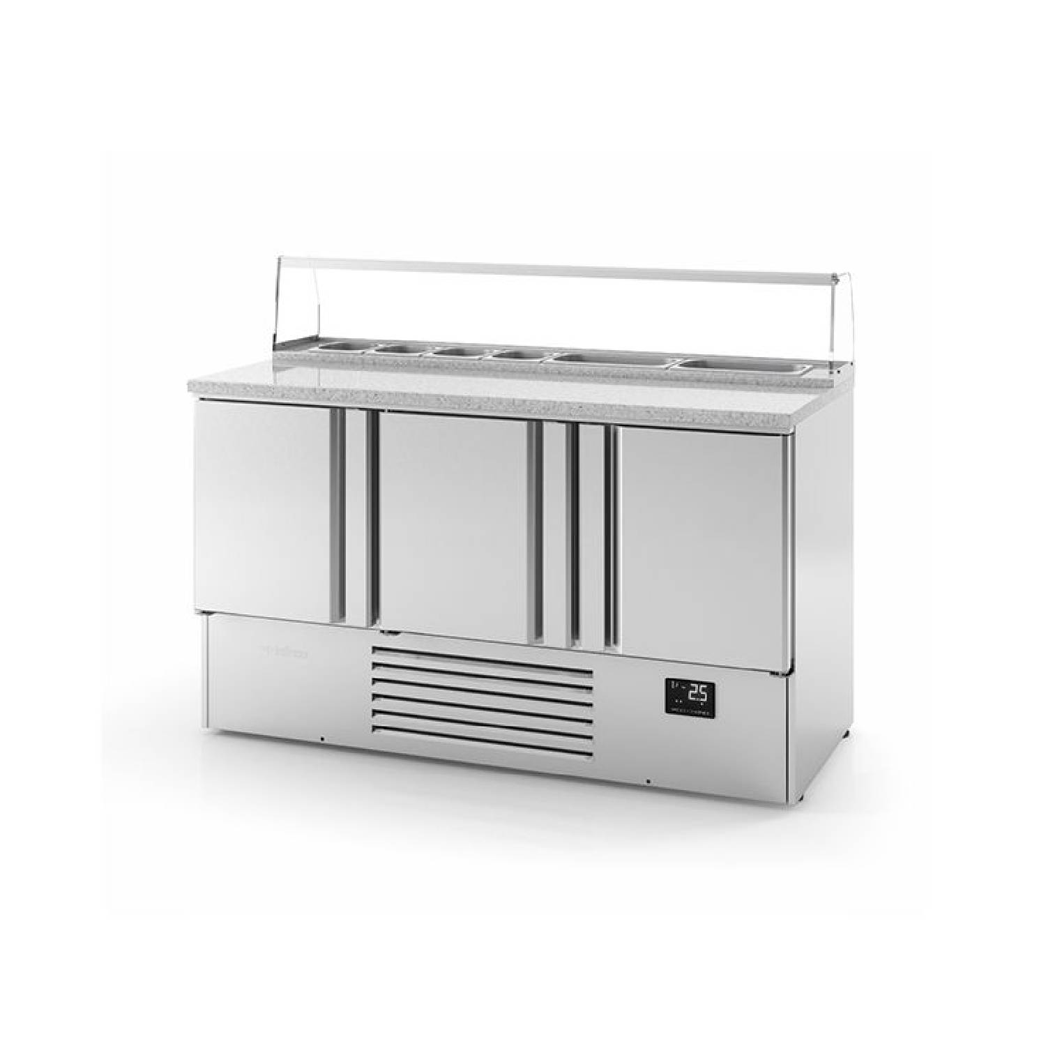 Infrico ME1003PIZZA 3 Door Stainless Steel Refrigerated Pizza/Saladette Prep Counter With Granite Worktop, 355L