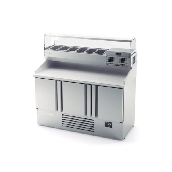 Infrico ME1003VIP 3 Door Stainless Steel Refrigerated Pizza/Saladette Prep Counter With Granite Worktop, 355L