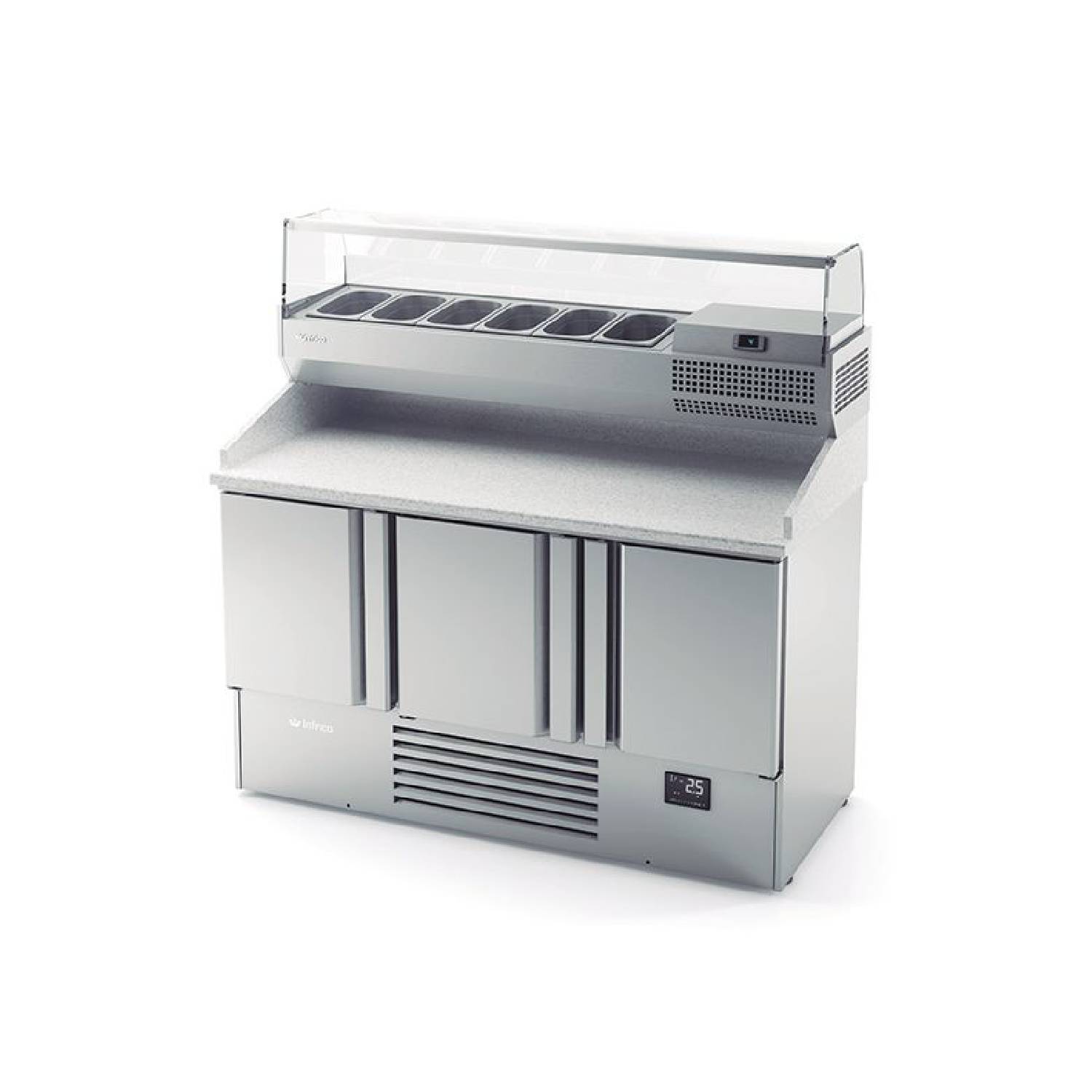 Infrico ME1003VIP 3 Door Stainless Steel Refrigerated Pizza/Saladette Prep Counter With Granite Worktop, 355L Infrico ME1003VIP 3 Door Stainless Steel Refrigerated Pizza/Saladette Prep Counter With Granite Worktop, 355L