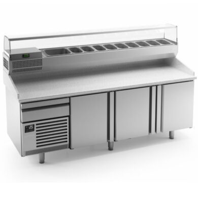 Infrico MP2300 3 Door Stainless Steel Refrigerated PizzaSaladette Prep Counter With Granite Worktop, 700L
