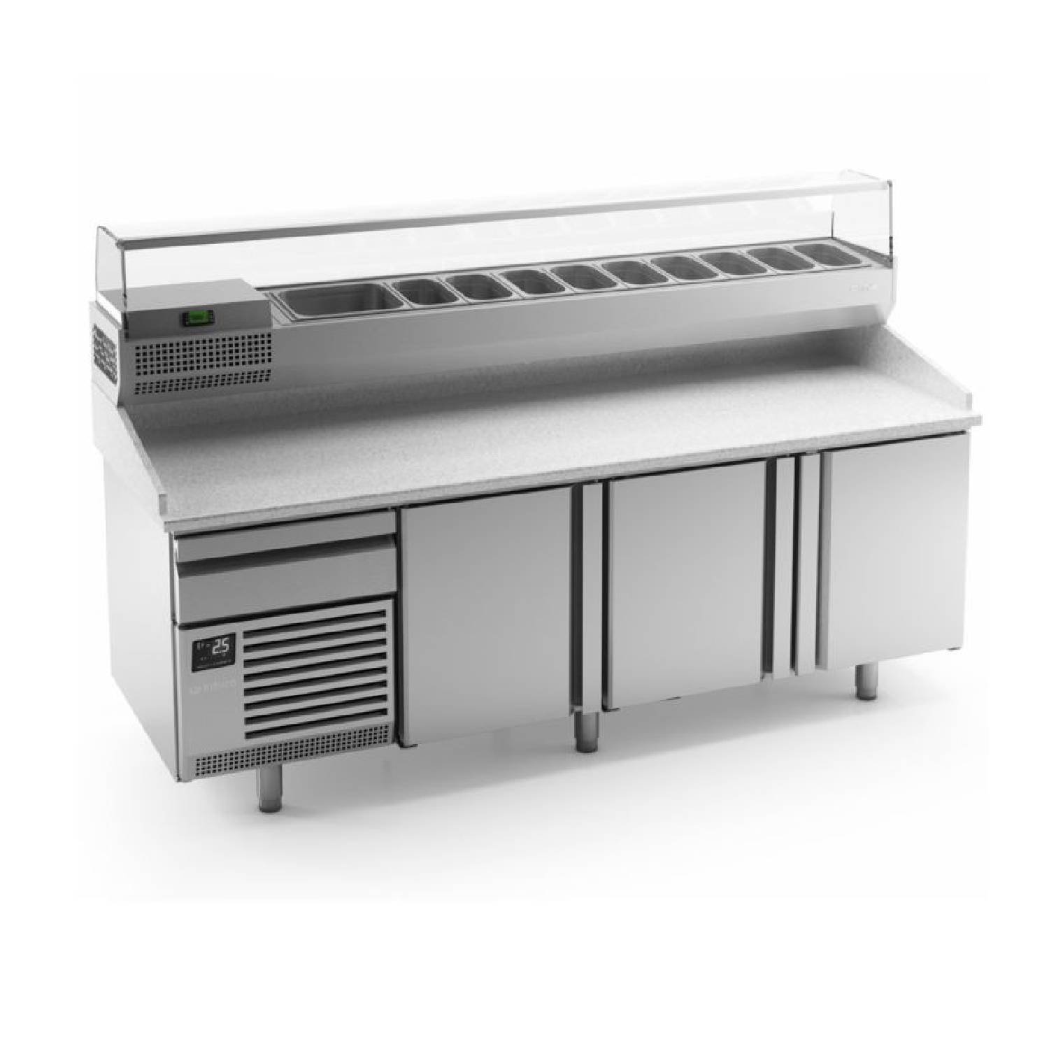 Infrico MP2300 3 Door Stainless Steel Refrigerated Pizza/Saladette Prep Counter With Granite Worktop, 700L