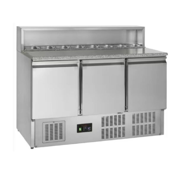 Tefcold GP93 3 Door Stainless Steel Refrigerated Pizza/Saladette Prep Counter With Granite Top, 400L