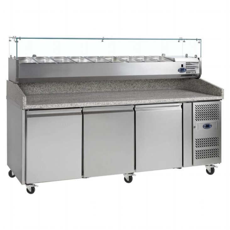Tefcold PT1300 3 Door Stainless Steel Refrigerated PizzaSaladette Prep Counter, 565L
