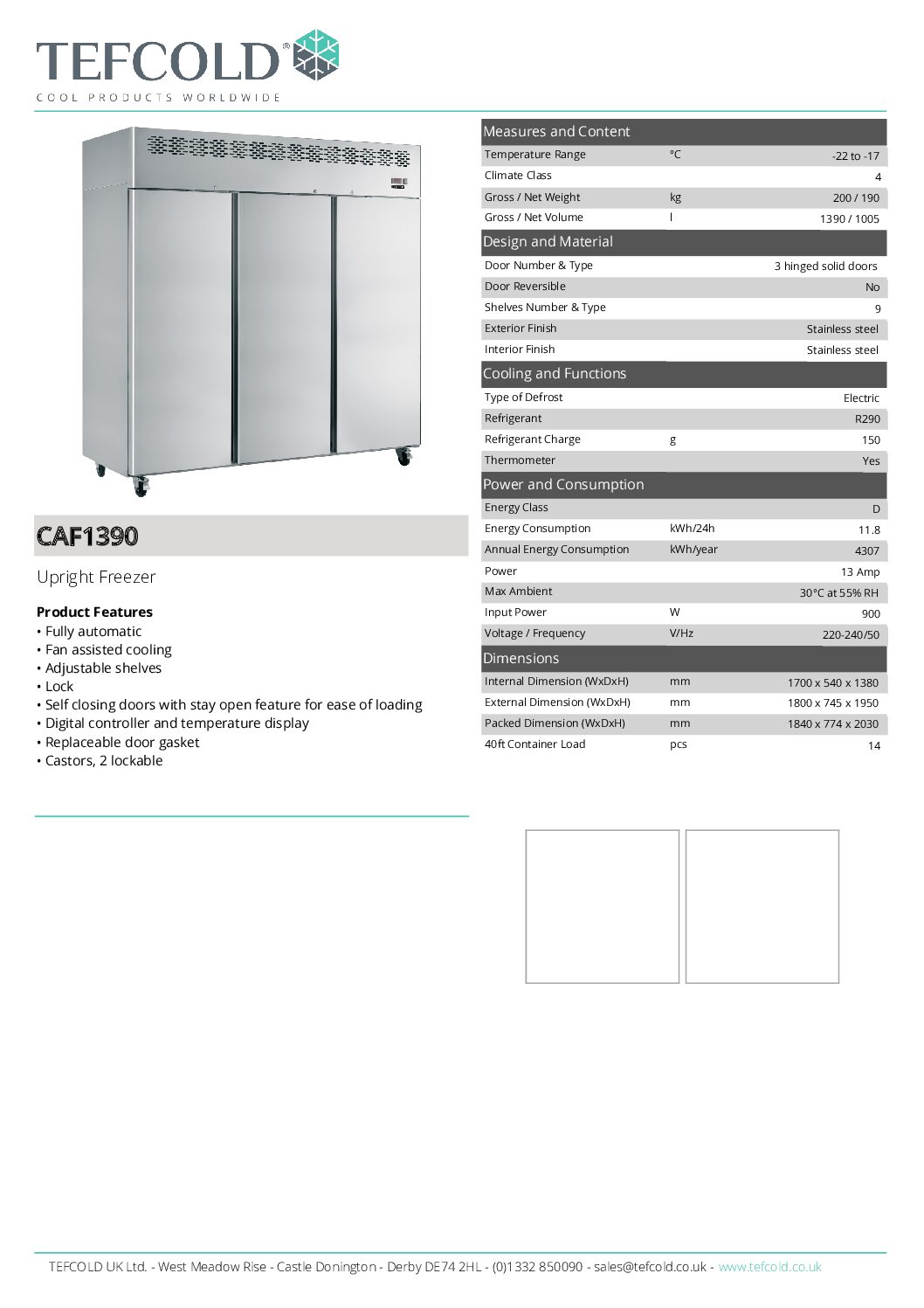 Tefcold CAF1390 Triple Solid door Freezer, 1390L Tefcold CAF1390 Triple Solid door Freezer, 1390L - Image 3
