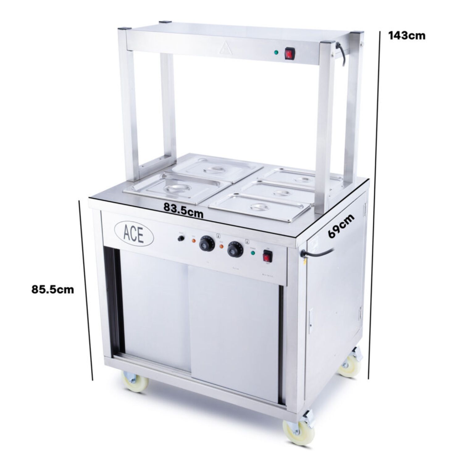 ACE Mobile Wet Bain Marie Top & Hot Cupboard w/ Heated Buffet Gantry 835mm ACE Mobile Wet Bain Marie Top & Hot Cupboard w/ Heated Buffet Gantry 835mm