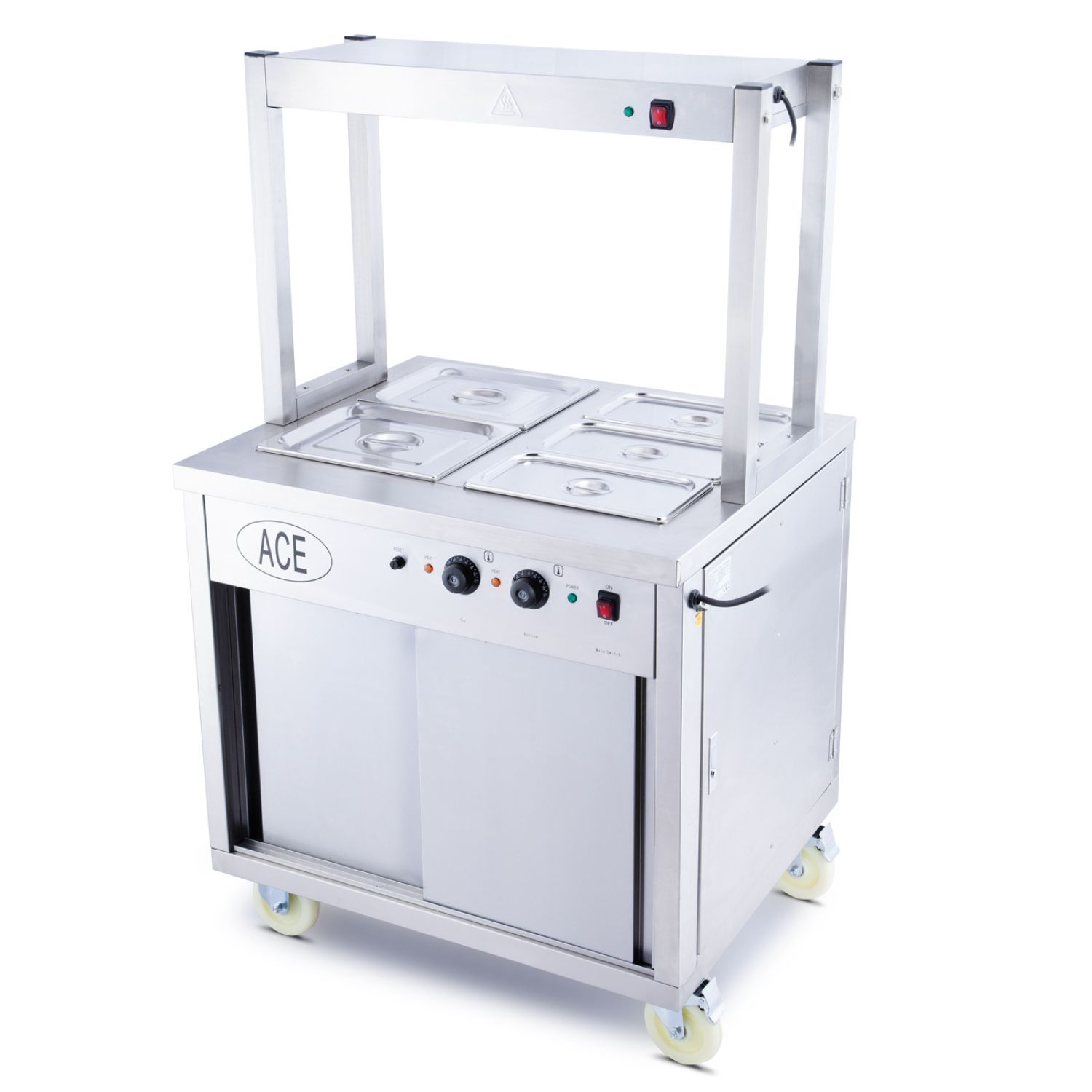 ACE Mobile Wet Bain Marie Top & Hot Cupboard w/ Heated Buffet Gantry 835mm ACE Mobile Wet Bain Marie Top & Hot Cupboard w/ Heated Buffet Gantry 835mm