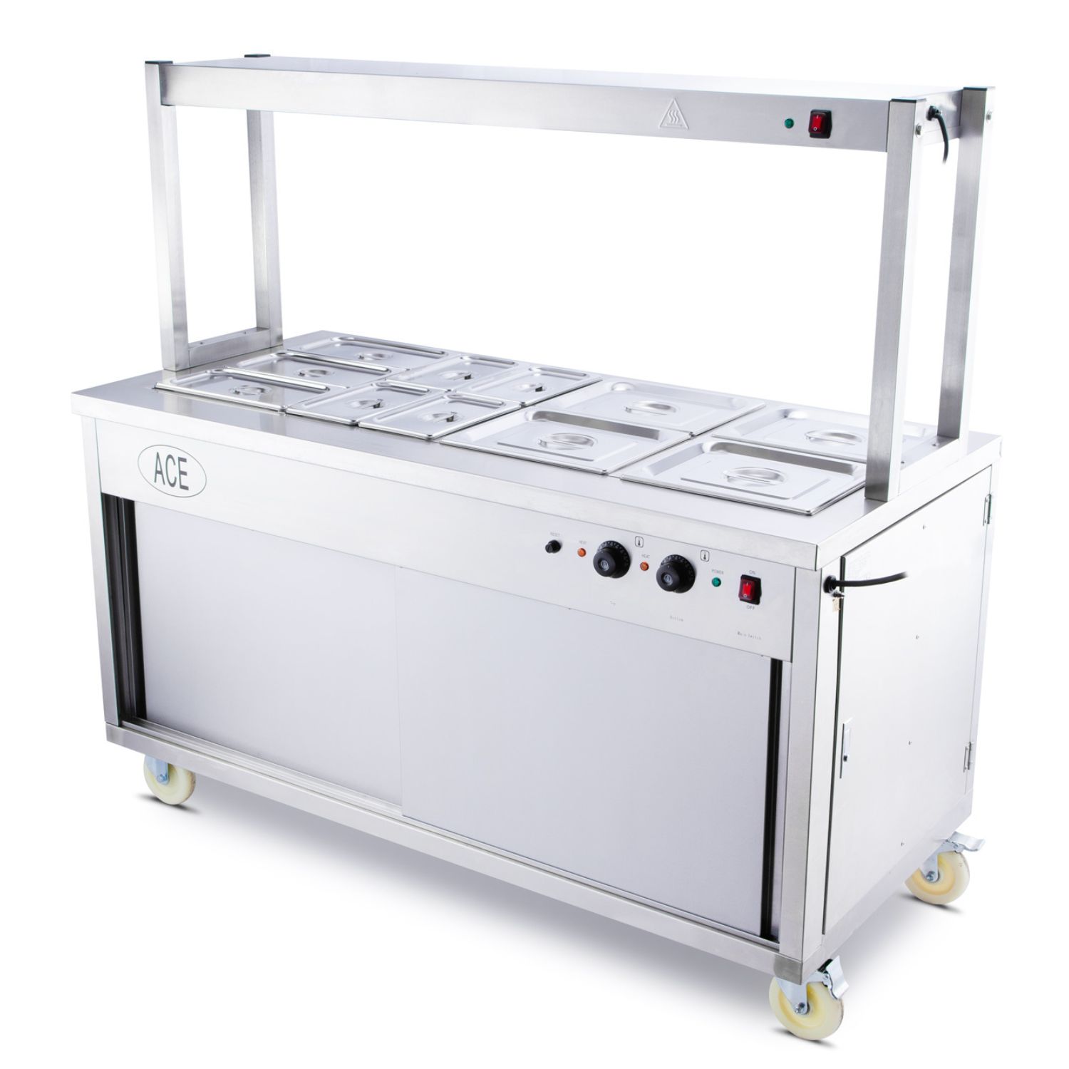ACE Mobile Wet Bain Marie Top & Hot Cupboard w/ Heated Buffet Gantry 1500mm Mobile Wet Bain Marie Top & Hot Cupboard with Heated Buffet Gantry (150cm)