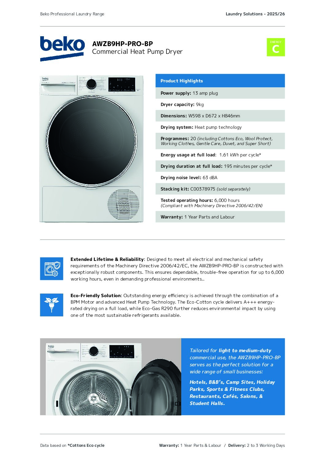 Beko Professional AWZB9HP-PRO-BP 9kg Commercial Heat Pump Dryer – A+++ Eco Cycle Beko Professional AWZB9HP-PRO-BP 9kg Commercial Heat Pump Dryer – A+++ Eco Cycle - Image 5