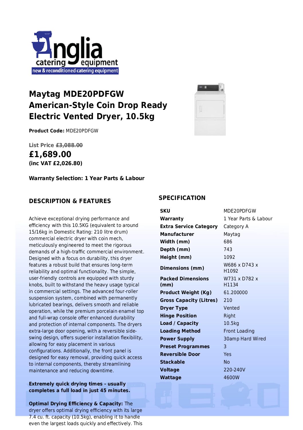 Maytag MDE20PDFGW Coin Operated Vented Dryer – 10.5kg Maytag MDE20PDFGW Coin Operated Vented Dryer – 10.5kg - Image 3